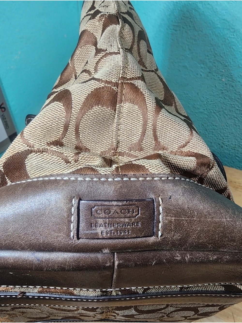 Coach Brown Signature Canvas Tote with Dark Brown Leather Trim - Picture 7 of 8